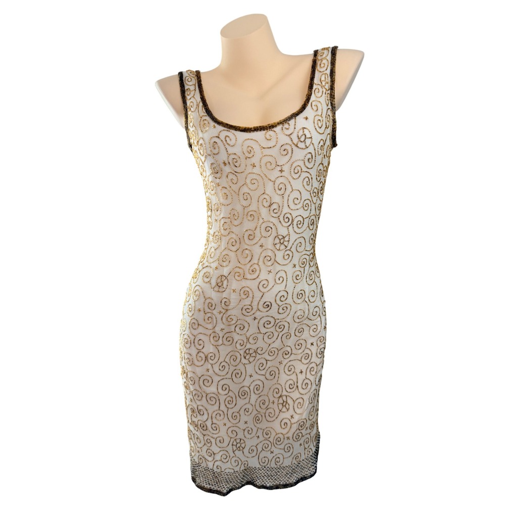 Denise Elle Vintage Glam 100% Silk Gold Beaded Scroll Sheath Dress White Large